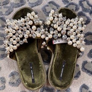 Zara Olive Green Velvet Slide Sandals with Pearls & Crystals